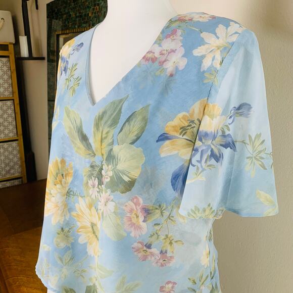 Vintage Sz 14P Floral Ruffle Tired 2 Piece Dress Skirt Set Blue Boho Chiffon - Picture 5 of 11